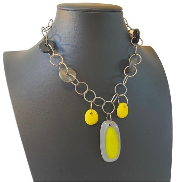 Hand blown Yellow & Gray Glass Beaded Artisan Made & Created Statement Necklace - Picture 2 of 6